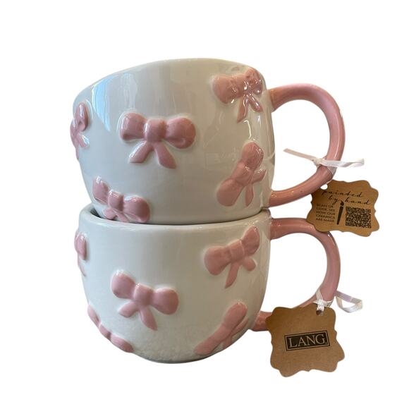 Lang Design Hand Painted Pink Bow Ceramic Teapot and Set of 2 Mugs New - Picture 16 of 16